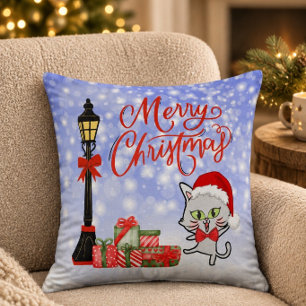 Cojín Decorativo Feliz Navidad Gato Divertido con Sombrero de San