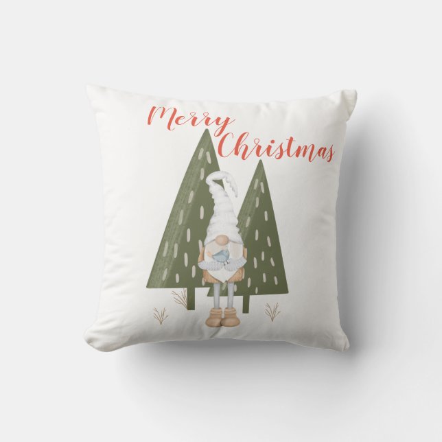 Cojín Decorativo Feliz Navidad Gnomo del Bosque Blanco (Anverso)