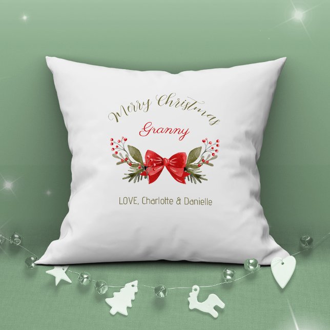 Cojín Decorativo Feliz Navidad Granny Bow Berries Moderno (Merry Christmas Granny Bow Berries Modern Throw Pillow ©Susanne Sachers - Sunny Mind Design 🌞)