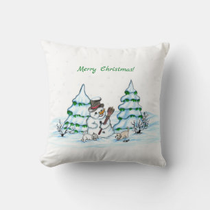 Cojín Decorativo ¡Feliz Navidad! Hombre de nieve con gato y cachorr