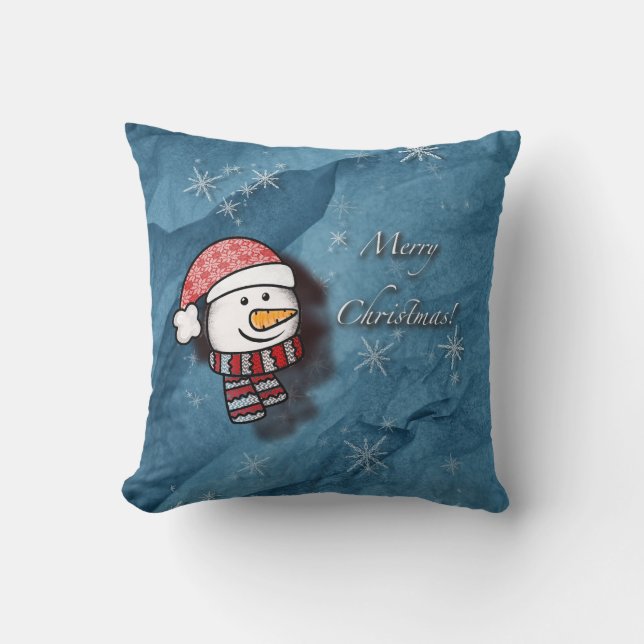 Cojín Decorativo Feliz Navidad, hombre de nieve con ropa de punto (Anverso)