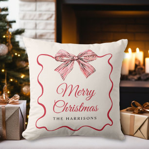 Cojín Decorativo Feliz Navidad Lazo Preppy Monograma Familiar