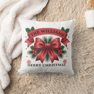 Cojín Decorativo Feliz Navidad Lazo Rojo Grande Nombre de Familia P