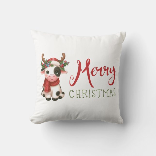Cojín Decorativo Feliz Navidad linda vaca (Anverso)