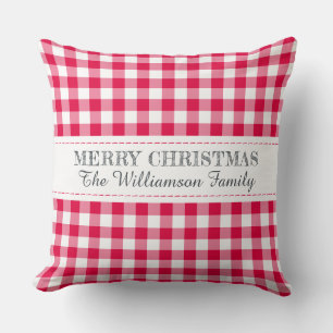 Cojín Decorativo Feliz Navidad Monograma de Gingham Rojo
