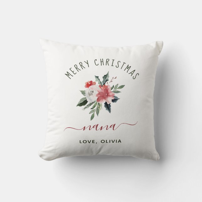 Cojín Decorativo Feliz Navidad Nana | Floral acuarela de Bonito (Anverso)