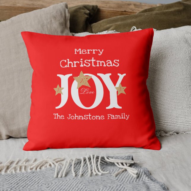 Cojín Decorativo Feliz navidad nombre del guión de la alegría rojo (Cultivate a little Christmas Joy with these bright and cheerful throw pillows.)