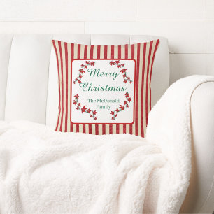 Cojín Decorativo Feliz Navidad nombre personalizado floral rojo