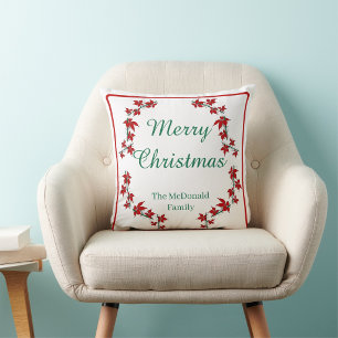 Cojín Decorativo Feliz Navidad nombre personalizado floral rojo