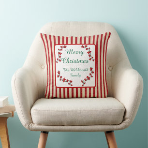 Cojín Decorativo Feliz Navidad nombre personalizado floral rojo