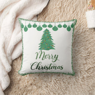 Cojín Decorativo Feliz navidad - ornamentos purpurinas verdes