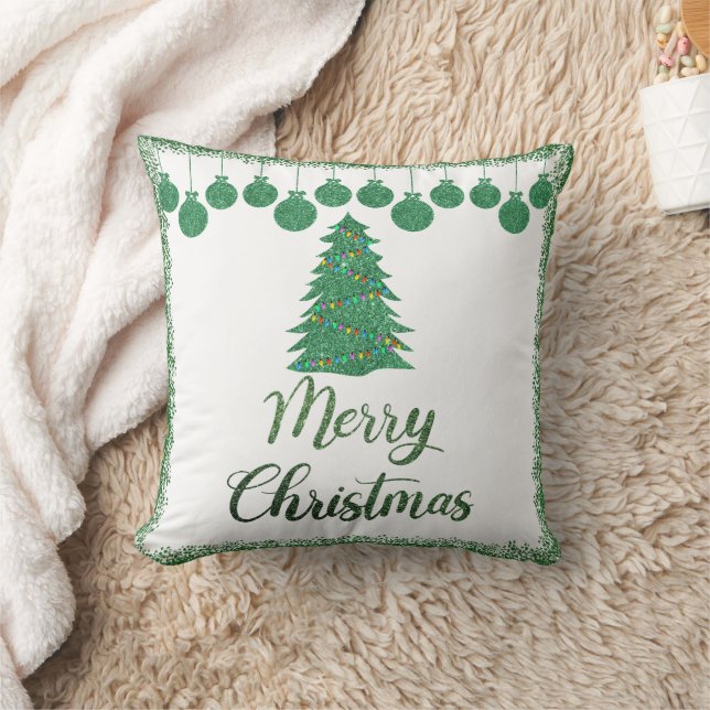 Cojín Decorativo Feliz navidad - ornamentos purpurinas verdes (Manta)