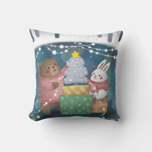 Cojín Decorativo Feliz Navidad: oso y conejo