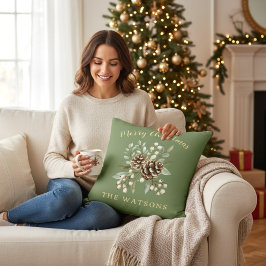 Cojín Decorativo Feliz Navidad Personalizado Botánico Verde Salvia