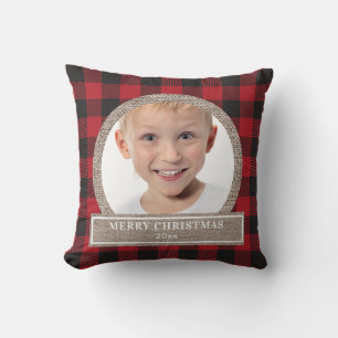 Cojín Decorativo Feliz Navidad Plaid Rojo Búfalo Arpillera Foto