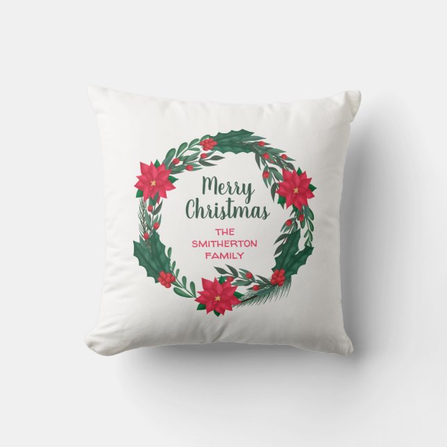 Cojín Decorativo Feliz Navidad Rojo Poinsettias Wreath (Anverso)