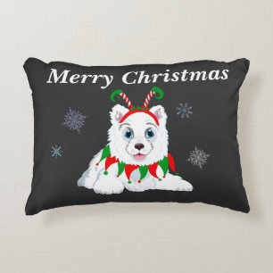Cojín Decorativo Feliz Navidad Samoyed Con Diadema De Duende