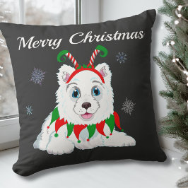 Cojín Decorativo Feliz Navidad Samoyed con Diadema de Duende