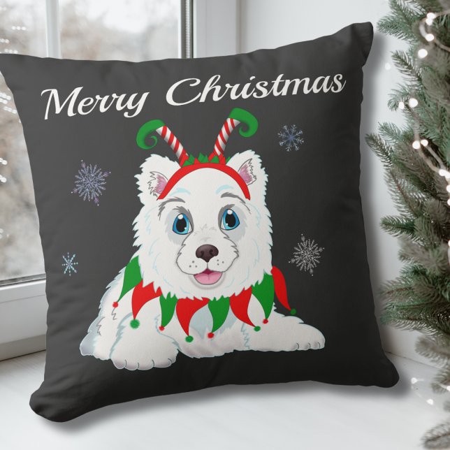 Cojín Decorativo Feliz Navidad Samoyed con Diadema de Duende (Subido por el creador)