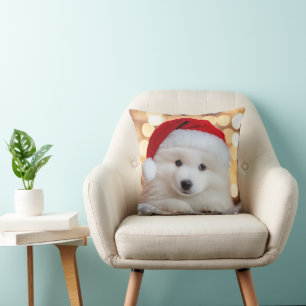 Cojín Decorativo Feliz Navidad Samoyen Perro Cachorro con Santa Hat