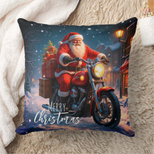 Cojín Decorativo Feliz Navidad Santa Claus en motocicleta 