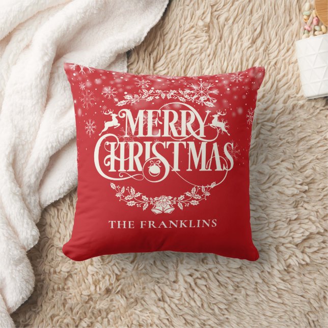 Cojín Decorativo Feliz Navidad Snowflakes Red Personalizada Familia (Manta)