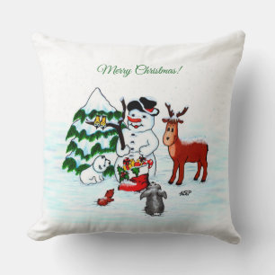 Cojín Decorativo ¡Feliz Navidad! Snowman con sus amigos