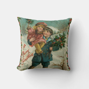 Cojín Decorativo Feliz Navidad - tarjeta postal retro, niños, acebo