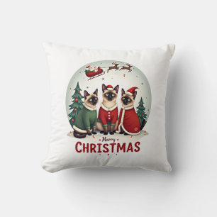 Cojín Decorativo Feliz Navidad Tres Santa Elfo Reno Gatos Siameses
