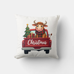 Cojín Decorativo Feliz Navidad Vaca Highland Árbol de Navidad Rojo