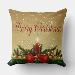 Cojín Decorativo Feliz Navidad, Vela con Lazo Rojo, Ramas de Pino