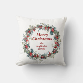 Cojín Decorativo Feliz Navidad Verde Rojo Holly Berry Wreath