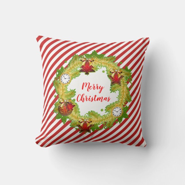 Cojín Decorativo Feliz Navidad Wreath & Stripes (Anverso)
