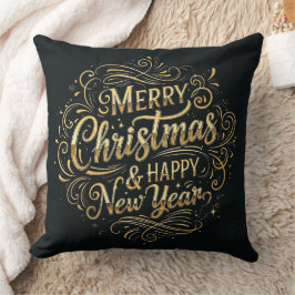 Cojín Decorativo Feliz Navidad y Feliz Año Nuevo en negro y oro