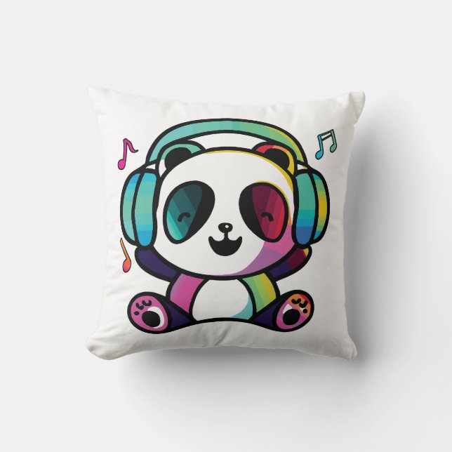 Cojín Decorativo Feliz Panda con auriculares escuchando música. (Anverso)