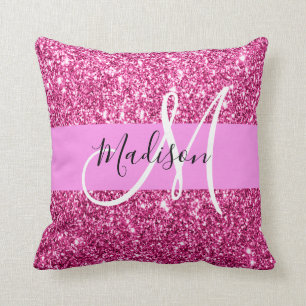 Cojín Decorativo Femenino y Glam Rosa Brillante Purpurina Monograma