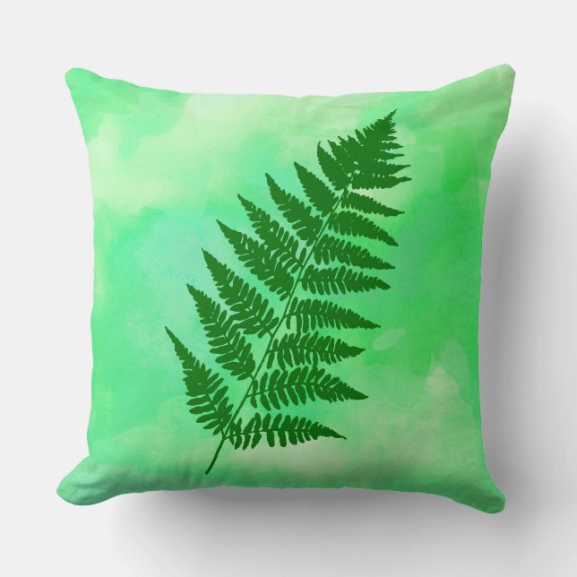 Cojín Decorativo Fern Frond, verde sobre fondo acuarela (Anverso)