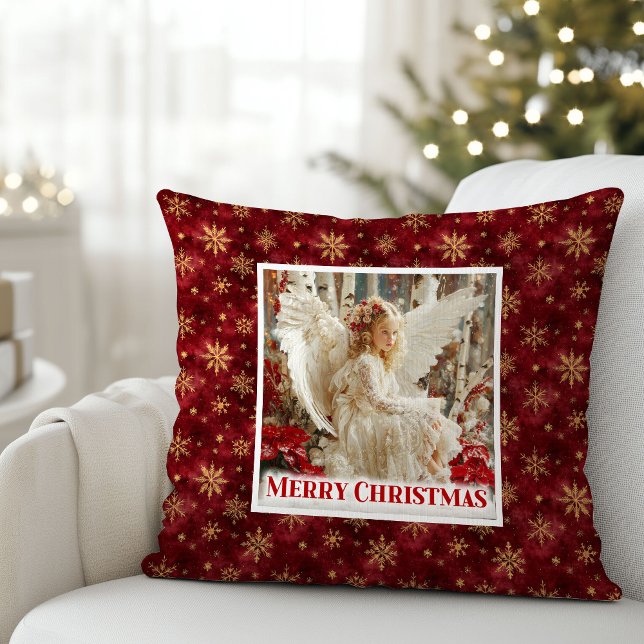 Cojín Decorativo Festive Angel Poinsettia Red Gold Accent Christmas (Festive Angel Poinsettia Red Gold Accent Christmas Pillow

)