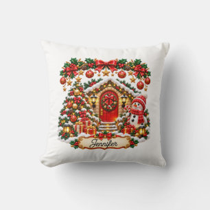 Cojín Decorativo Festive Christmas Cottage with Snowman and Editabl