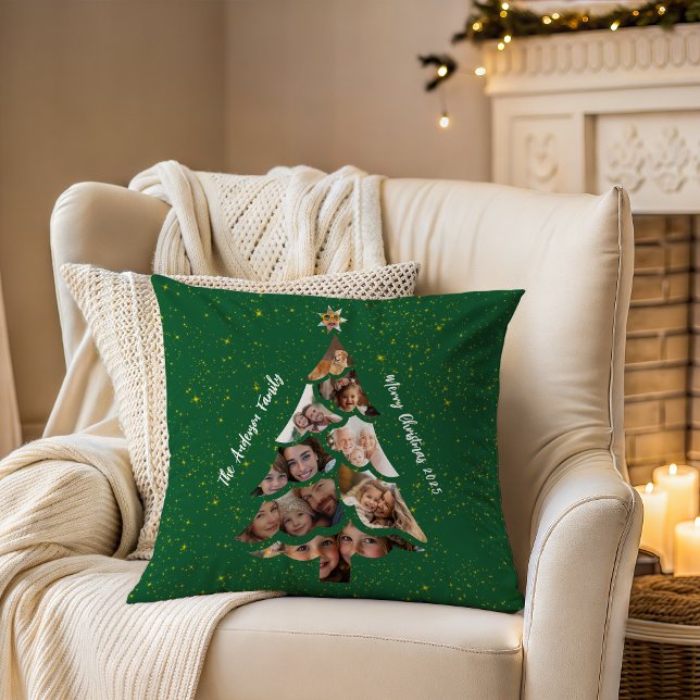 Cojín Decorativo Festive Green Christmas Tree Family Photo Collage (Lovely 9 Photo Christmas Tree Collage on green & gold. Customize to make a heartwarming keepsake.  )
