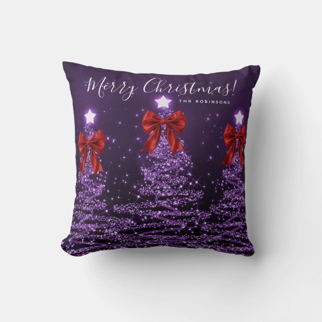 Cojín Decorativo Festive Holiday Purple Christmas Trees Name Red  (Anverso)