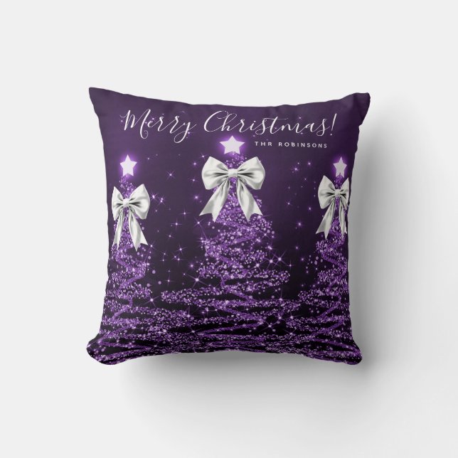 Cojín Decorativo Festive Holiday Purple Christmas Trees Name Silver (Anverso)