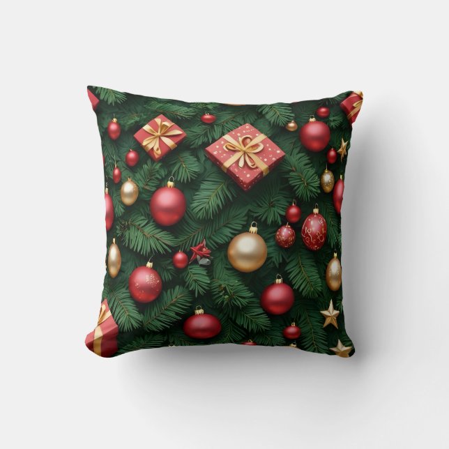 Cojín Decorativo "Festive Joy — Red & Gold Christmas Magic" (Anverso)