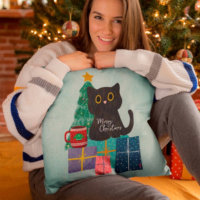 Cojín Decorativo Festividad Blue Cute Cat Café Feliz Navidad (Subido por el creador)