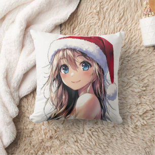 Cojín Decorativo Festividad de Chica de anime Santa Hat con ojos az