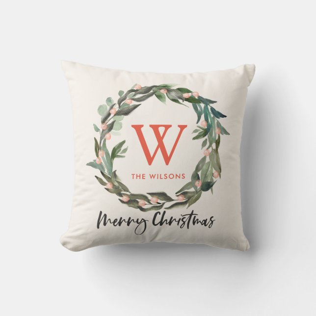 Cojín Decorativo Festividad de los Navidades de la Wreath monograma (Anverso)