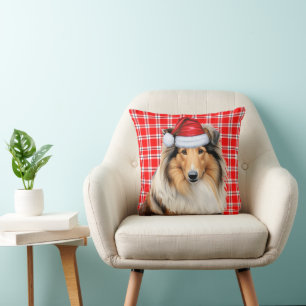 Cojín Decorativo Festividad de Navidades de Collie Dog Red Plaid