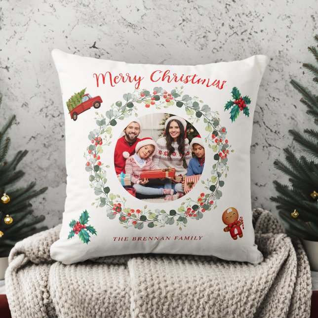 Cojín Decorativo Festividad de Wreath de navidades (Christmas Photo Holiday Wreath Festive Throw Pillow)
