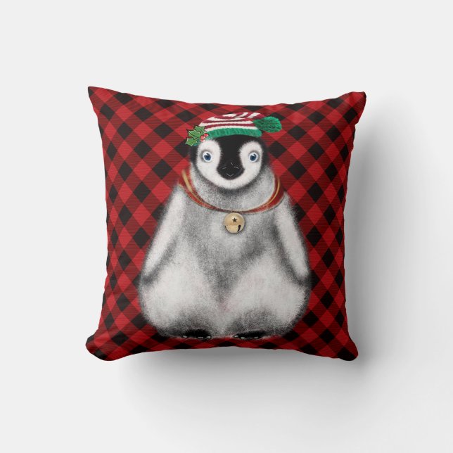 Cojín Decorativo Festividad festiva lindo Pingüino negro plaid (Anverso)