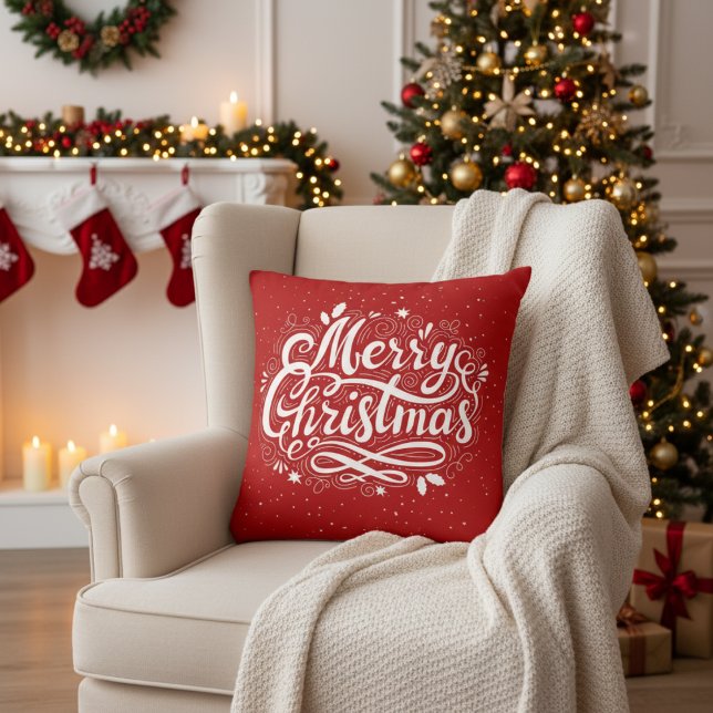 Cojín Decorativo Festividad navideña Festividad roja y blanca (Merry Christmas Festive Red and White Holiday Throw Pillow)